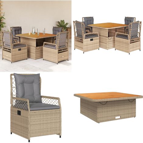 Ensemble à manger de jardin avec coussins 5pcs Beige poly rotin - Ensemble Salon De Jardin - Mobilier De Jardin - Table Extensible - Chaises Pliantes - Résine Tressée - Home & Living