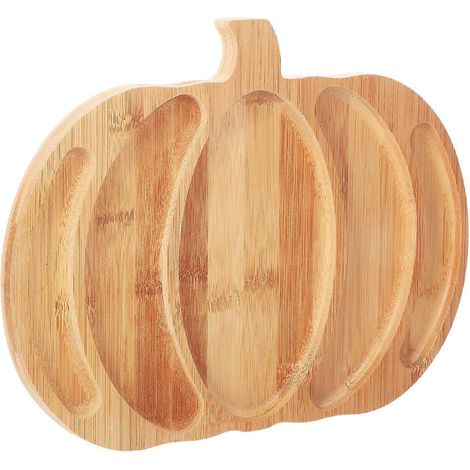 Plateau en bambou et bois en forme de citrouille, idéal pour présenter des en-cas et du fromage, avec 5 rainures. (1/5)