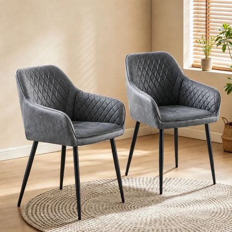 Dining Chairs 2pcs Suede Kitchen Chairs Upholstered Seat with Backrest and Armrest Office chair, Grey (1/5)