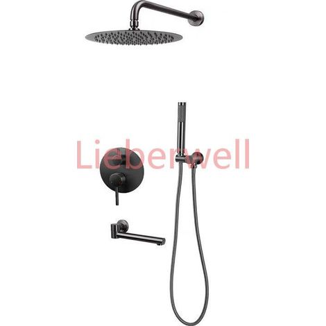 Luxury Round Black Wall Mount Shower System with Rainfall Shower Head, Handheld Spray, Hot and Cold Mixer, Brass Body, Polished Finish (1/5)