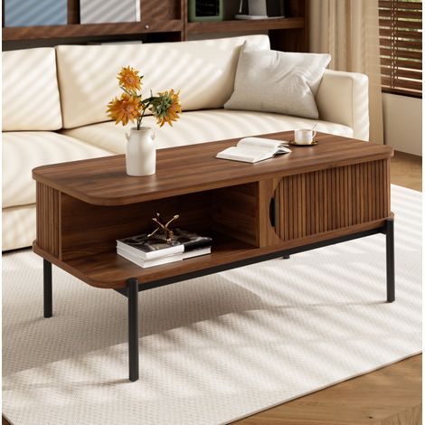 Couchtisch 100x45x43 cm, mit Stauraum, Schiebetüren, MDF, Walnuss (1/5)