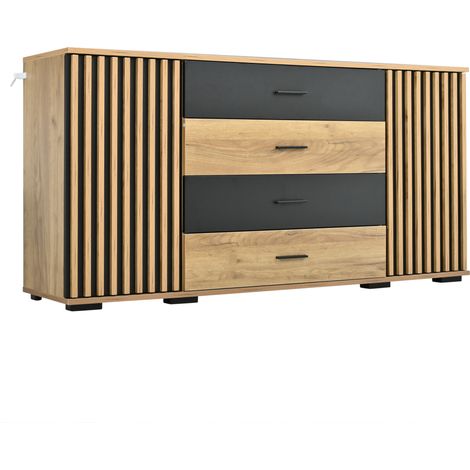 Credenza 140x35x70 cm in MDF con 4 cassetti e 2 ante, effetto scanalato, nero e legno (1/5)