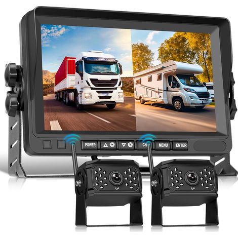 sans Fil Caméra de Recul 2 Caméras Kit, 7 Pouces Moniteur 2 Écran Divisé, Caméra de Recul IP68 Étanche/Vision Nocturne/DVR/Enregistrement en Boucle/Image Flip pour Camion/Bus/Van/Camping-Car/Remorque (1/5)