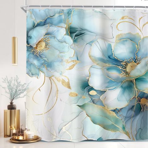 Rideau de douche en marbre de 183 x 198 cm de long, bleu sarcelle, doré, ombré floral abstrait, luxueux, moderne, texture d'encre, minimaliste, ensemble de salle de bain, élégant et (1/5)