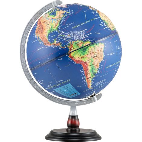 Globe terrestre bleu marine 30 cm avec carte en relief, éclairage LED, cadre métal et socle bois pour chambre, bureau et classe (1/5)