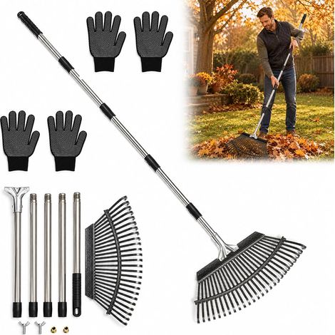 Rateau a Feuille, 25 Dents, Manche Réglable de 190 cm, 2 Paires de Gants (1/5)