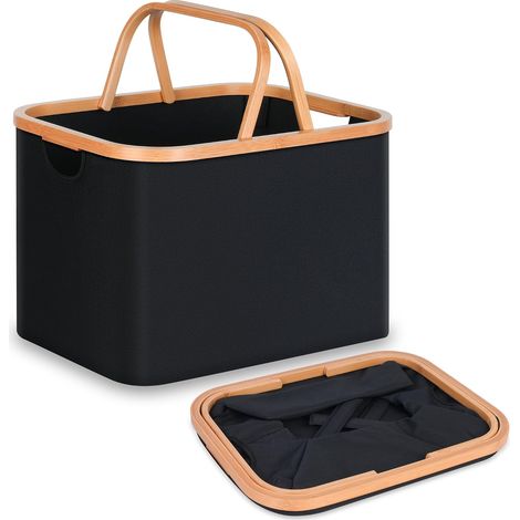 Panier à linge pliable, 43 L, tissu bambou, panier de rangement pliable, panier à linge pliable, paniers à linge pour chambre, salle de bain (noir, poignée pliable) (1/5)