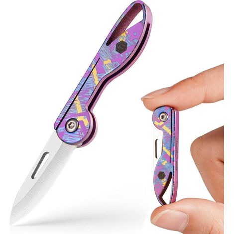 Mini Klappmesser Titan mit Schlüsselanhänger, Rasiermesserscharf, Knallrosa-Graffiti