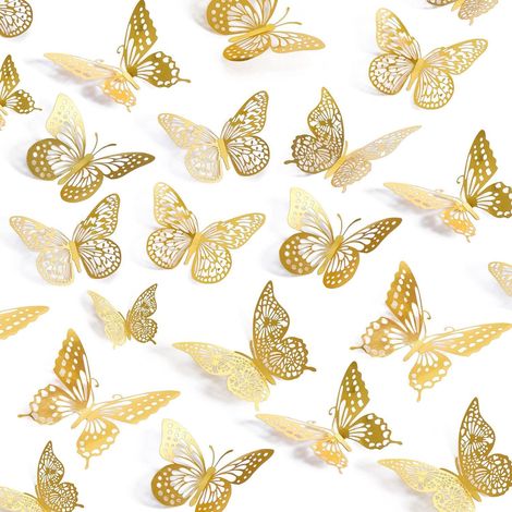 Goldene 3D-Schmetterlingsaufkleber – 48 Stück – Metallic-Papier – Abnehmbare Wanddekoration – Wohnzimmer, Schlafzimmer, Party – 3 Größen (1/5)