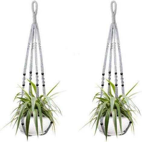 Deux paniers suspendus pour plantes d'intérieur, en corde de coton grise, de 85 cm de long, ornés de perles en bois. Crochets non inclus. (1/5)