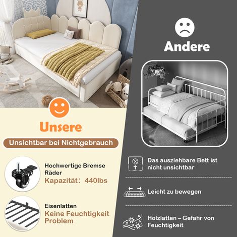 Canapé Lit 90x200 cm avec Lit Escamotable, 90x190 cm Lit Simple Invité, Forme L, Velours Beige, Design Couronne et Grille, Gain de Place pour Chambre Enfant, Salon, Sans Matelas (1/5)