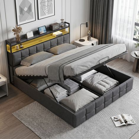 Lit coffre double 140x190 cm, lit double avec Tête de lit rembourrage, Sommier à lattes en métal, PU noir (1/5)