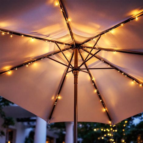 Solar Sonnenschirm Beleuchtung 72 LED warm weiß - 8x 1,2 m - Garten Deko Lichterkette solarbetrieben mit 6 Stunden Leuchtdauer