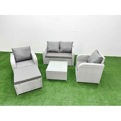 Fimous Light Grey PE Wicker Rattan Garden Furniture Set Sofa Set Reclining Adjustable Chair Square Coffee Table 5 Seater With Footstool (1/4)