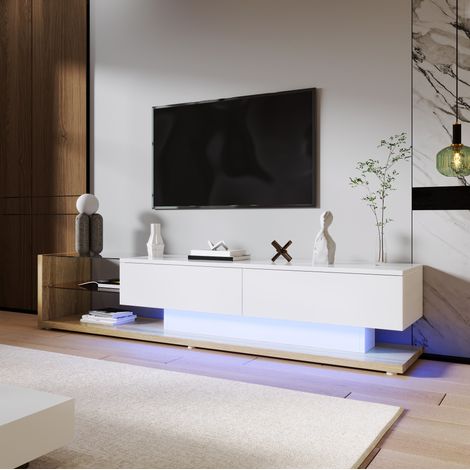 Mueble TV 170x36x38 cm blanco y efecto madera en tablero de partículas con LED regulable y estantes de vidrio (1/5)