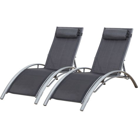 Happy Garden – Lot de 2 transats GALAPAGOS en textilène gris – Dossier inclinable 5 niveaux – Structure aluminium – Confort optimal avec coussins épais