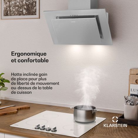 Klarstein Athena Hotte Aspirante 60 cm - Hotte Décorative Inclinée, 404 m³/h, LED, A+++, 3 Vitesses, Filtre Charbon, Silencieuse, Recyclage & Évacuation, Hotte Cuisine Moderne, Acier inoxydable (1/4)