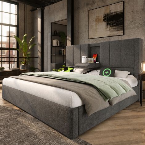 Letto 160x200 in lino grigio con contenitore e USB, per camera da letto, senza materasso – MEUBLIV (1/5)