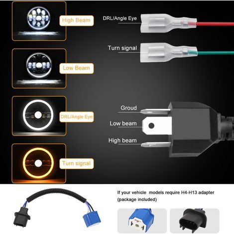 Deux phares LED de 7 pouces pour voitures et motos, avec feux de jour/clignotants/feux de croisement/feux de route, phares ronds de 7 pouces, étanches IP67. (1/4)