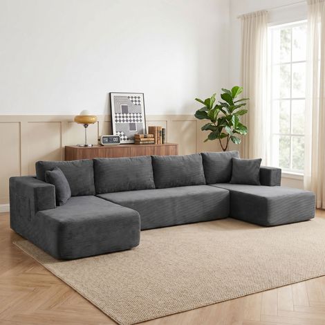 Canapé d'angle en U 4 places avec 2 méridiennes, canapé convertible 2 assises, 6 coussins inclus, prêt à l'emploi, dimensions 369 x 152 x 78 cm, teinte grise. (1/5)
