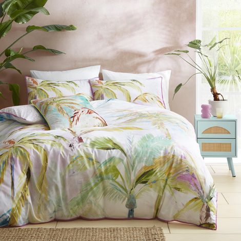 Housse de Couette Feuilles de Palmier Tropicales Lit Double 200x200cm 100% Coton Bord Passepoil Rose 2 Taies d'oreiller Parure de Lit Tropical Vert avec Feuille (1/4)