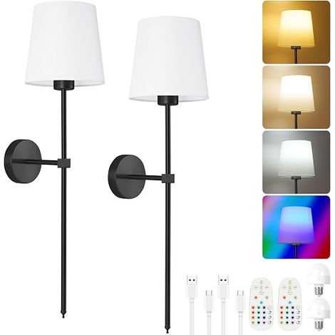 Applique Murale Lampe Murale Sans Fil avec Abat Jour en Tissu Blanc USB Rechargeable RGB Appliques Murales télécommande Pour Chambre Couloir Décoration Noir (1/5)