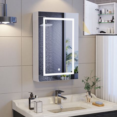 Armoire Miroir de Salle de Bain, Éclairage LED, 50x70x13cm, Porte Simple, Prise, Couleur Réglable, MDF, Verre HD, Blanc (1/5)