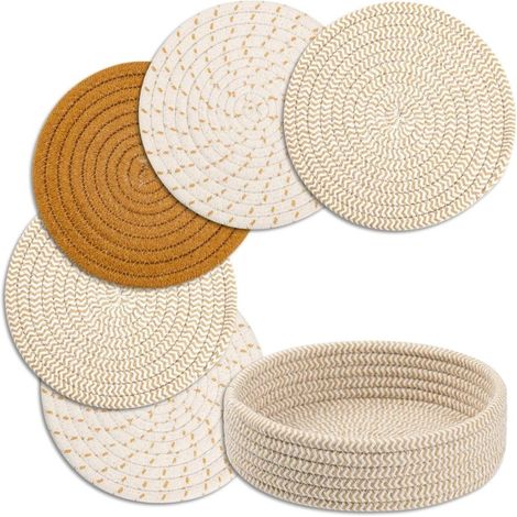 Juego de 5 salvamanteles de algodón marrón resistentes al calor para platos calientes, ollas y sartenes, que protegen la mesa y la encimera, con 1 cesta de almacenamiento de cocina. (1/5)