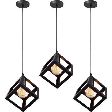 U-Do 3Pcs Lustre Suspension Carré en Fer Noir E27 Ajustable Lustre Plafonnier Exquise Lampe Intérieur design Vintage pour Cuisine (1/4)