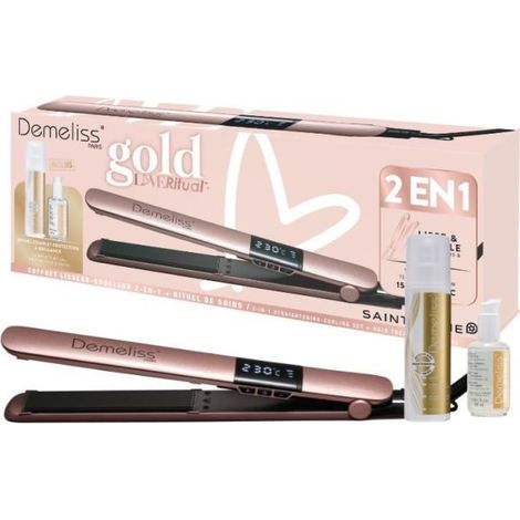 Lisseur 2 en 1 Demeliss Kera-GOLD – Température jusqu'à 230°C – Plaques flottantes en céramique – Coffret avec 2 soins avant et après lissage – Saint Algue (1/5)
