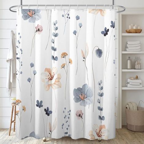Duschvorhänge mit Aquarell-Blumenmuster, Badezimmervorhänge mit blau-beigem Blumenmuster, modern und minimalistisch, wasserdichtes Material, 182 x 182 cm. (1/4)