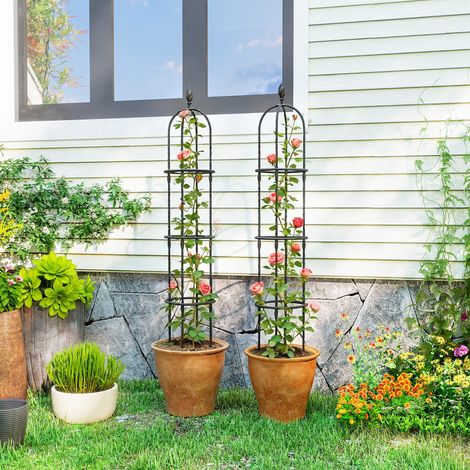 Rose Noir - Ensemble de 2 obélisques de jardin en acier de 1,74 m treillis conçu pour plantes grimpantes pour terrasse extérieure