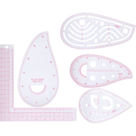 Ensemble de 5 règles courbes multifonctions avec échelle intégrée, conçues pour mesurer les vêtements en forme de L. (1/5)