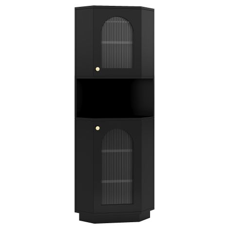 Meuble d'angle noir 36,8×45×166,5cm, portes verre cannelé arqué, poignées dorées + bande LED, mobilier salle de bain et rangement salon. (1/5)