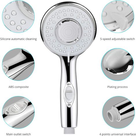 Pommeau Douche, Universel Pommeau de Douche Haute Pression, 5 Modes Economiseur d'eau et Bouton de l'interrupteur Douchette Pommeau Douche pour Le Bain et Le Spa-Acier Inoxydable (1/5)
