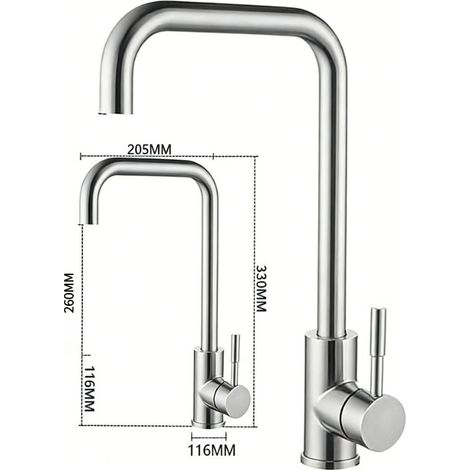 Robinet mélangeur évier cuisine eau chaude et froide, mitigeur en T plat acier inoxydable, bec tubulaire brossé, tuyau d'arrivée 60 cm inclus (1/5)