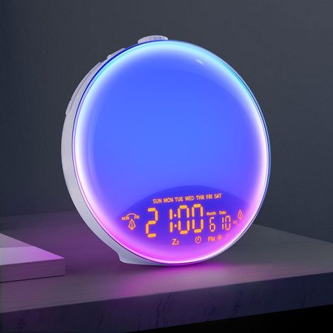 Réveil Lumineux,Radio Réveil Simulateur d'Aube et Crépuscule Lampe de Chevet 20 Niveaux Luminosité 6 Couleurs 4 Lumières d'Effet 7 Sons Naturels Radio FM 2 Réveils Fonction Snooze Veilleuse Enfant (1/5)
