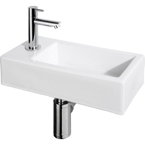 Lave-mains céramique blanche rectangulaire 37,5x18,5x9,5cm – 1 trou robinet gauche – Robinet chromé droit – À poser/suspendre – Differnz (1/5)