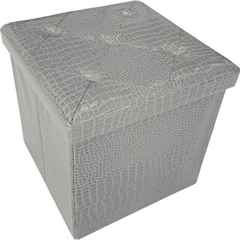 Cassapanca Contenitore Pouf Panca Poggiapiedi Similpelle Pelle Finta Coccodrillo 38x38x38 cm - Grigia