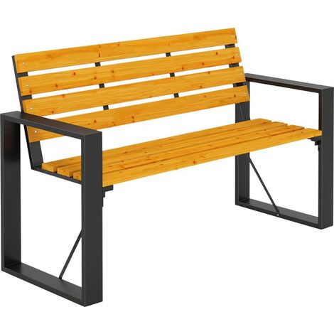 Banc de jardin 2 places avec dossier et assise en bois à lattes, structure en acier, 136 x 54 x 82 cm, naturel (1/5)