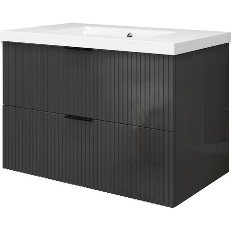 Meuble de salle de bain suspendu 80 cm, 2 tiroirs, avec vasque,MDF anthracite brillant