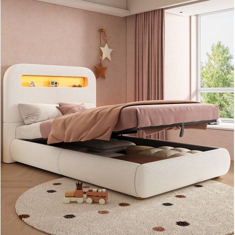 Cama infantil 218x107x99 cm, con almacenaje hidráulico, LED en cabecero, tejido bouclé blanco (1/5)