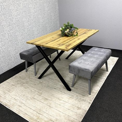 Wooden Brown Dining Table with 2 Grey Velvet Padded Benches, Stylish Dining Room Furniture (1/5)