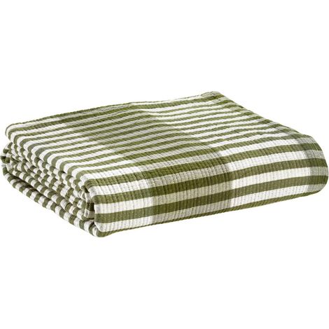 Jeté de lit en coton jacquard vert olive 240 x 260 cm, motif rayé contemporain - PANGIVO