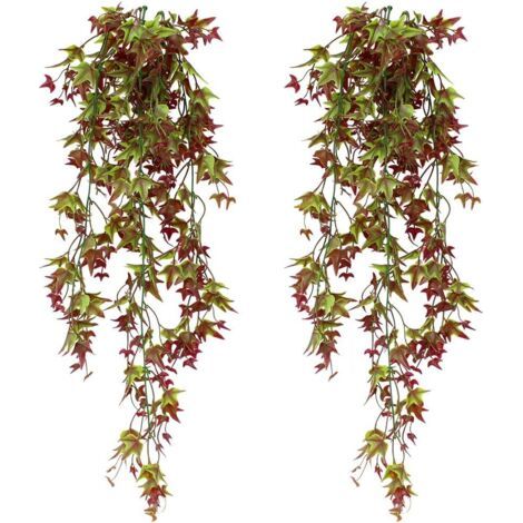 QORVA-Lot de 2 lierres artificiels pleureurs 80 cm – Couleur rose rouge – Plantes suspendues pour décoration intérieure et extérieure