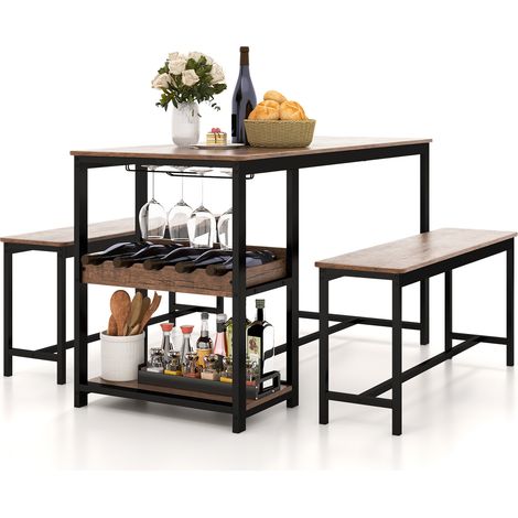 COSTWAY 3 PCS Dining Table Set for 4 Dining Table & 2 Benches W/ Glass Holder