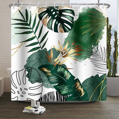 Boho Rideau de Douche Cocotiers Feuilles de Palmier abstraites Tropical Rideau de Douche Monstera Rideau de Douche végétal Vert et Feuilles d'or Tissu résistant à la moisissure 120x180cm (1/5)