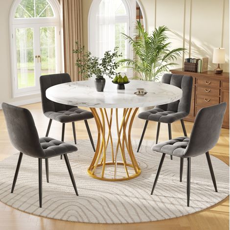 Juego de comedor de MDF, metal y terciopelo, multicolor, 4 plazas, mesa redonda con patas regulables (1/5)