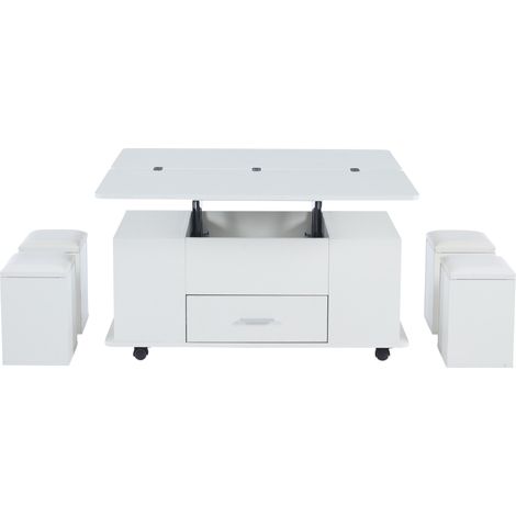 Mesita de centro elevable multifuncional blanca con 4 taburetes, cajón y ruedas (1/5)