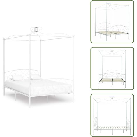 Cadre de lit sans matelas avec baldaquin blanc 140x200 cm métal - Cadre De Lit - Lit Double - Lit Avec Baldaquin - Lit Metallique - Literie (1/5)